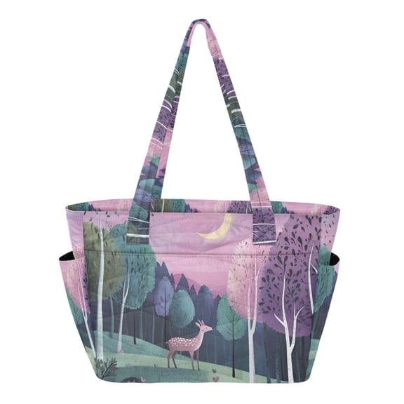 FORMRS Tote Bag for Women Quilted Large Capacity Travel Work Carry On Shoulder Handbag, Green Night Deer