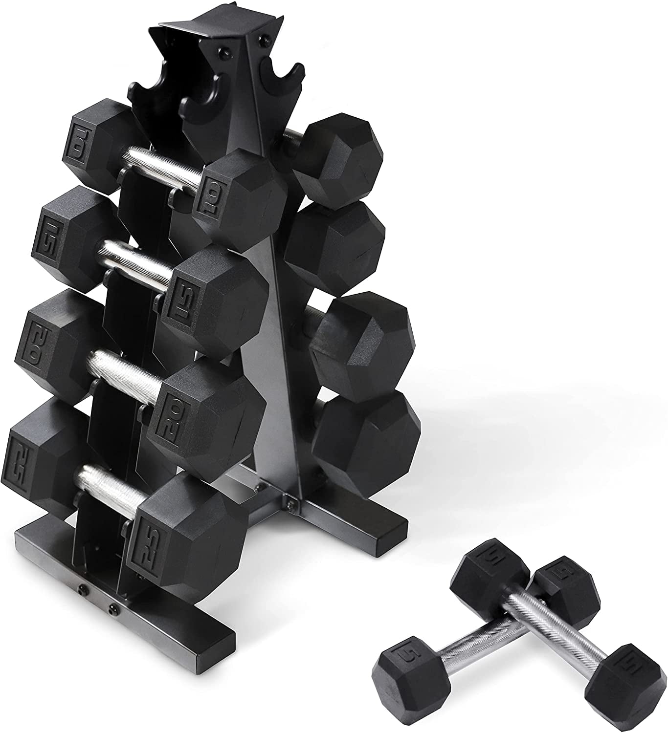 WF Athletic Supply 5-25Lb Rubber Coated Hex Dumbbell Set with A Frame Storage Rack Non-Slip Hex Shape for Muscle Toning, Strength Building & Weight Loss - Multiple Choices Available