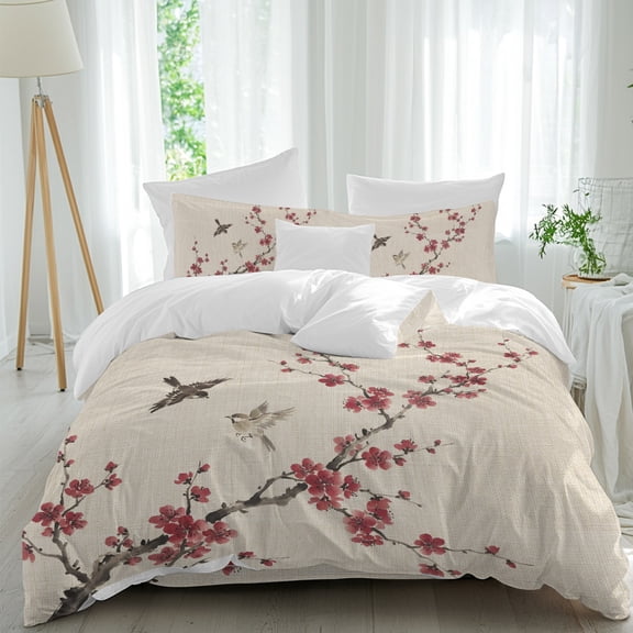 Red Plum Bossom Comforter Set Queen Size, Ink Painting Style Birds Flower Branches Linen Texture Soft Bedding Set for Man Woman, 4 Pieces Duvet Cover Set with Fitted Sheet, 2 Pillowcases