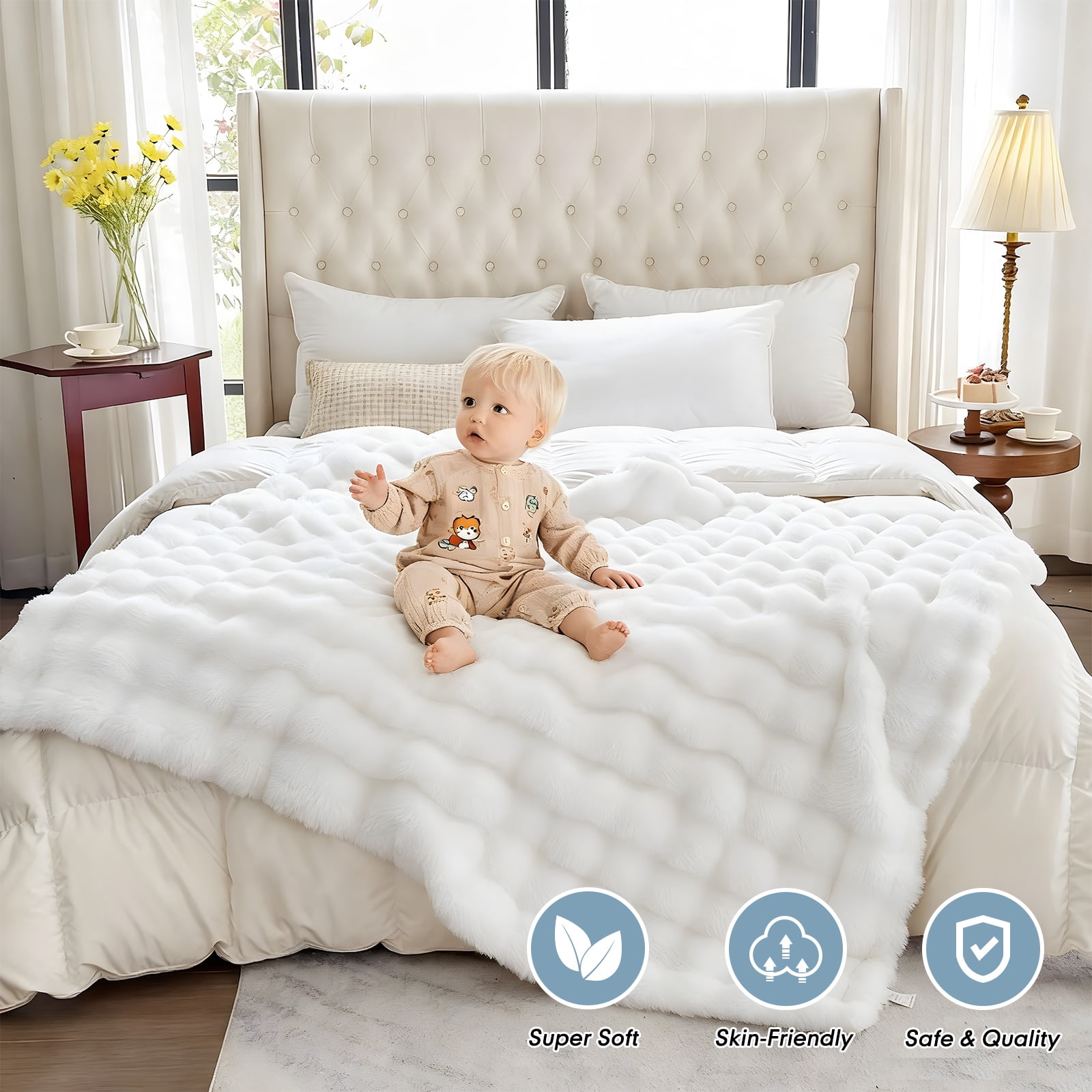 Parojati 90*108 Faux Fur Throw Blanket for King Size Bed - Extra Soft Fluffy Warm Bubble Design Blanket for Couch, Sofa and Versatile Use for Bedroom, Living Room, Farmhouse, White