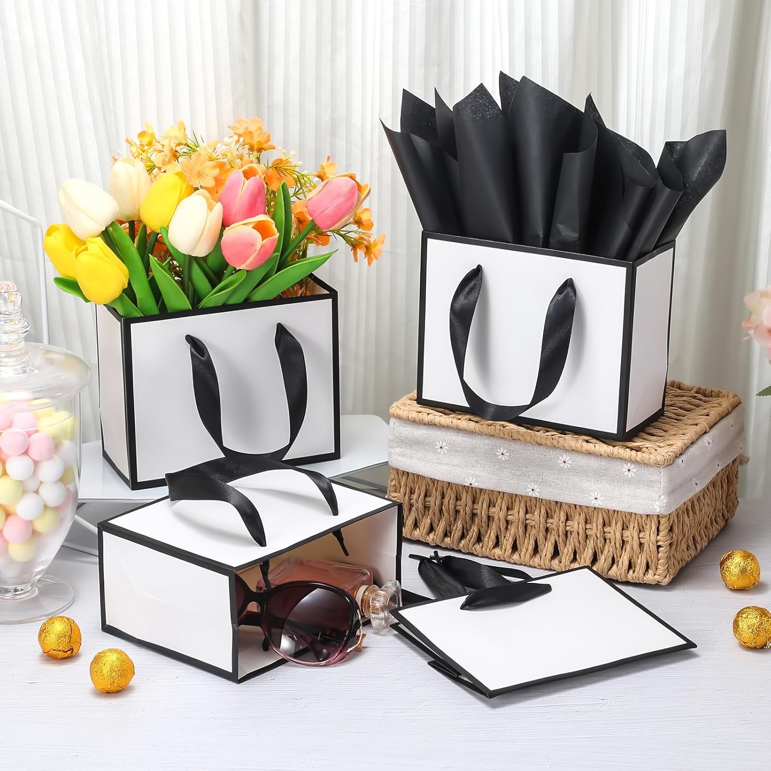 30 Pcs Small Metallic Foil Gift Bags with Handles, Blue Gold Thank You Favor Bag with Tissue Paper for Back to School Baby Shower Wedding Mother's Day Christmas Party (6.4x3.1x5.1 Inch)