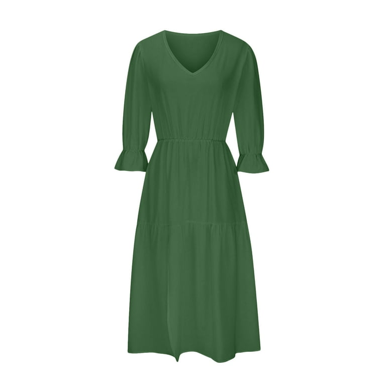 Lovskoo 2024 Wedding Guest Dresses for Women Evening Gown Trendy Half Sleeve V-Neck Loose Solid Ankle Dress Long Split Cocktail Dresses 2023 Olive