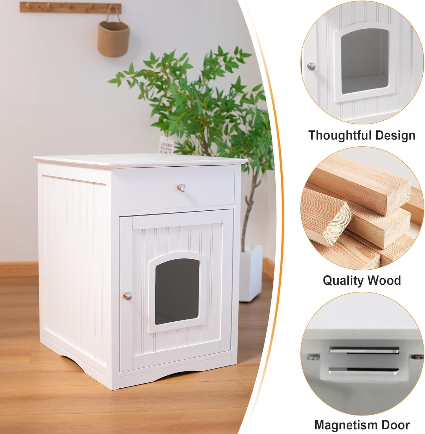 ZephyPaws Cat Cupboard,Cat Litter Cabinet,Indoor Cat House Side Table,Litter Box Enclosure,Pet Crate Nightstand,Cat Litter Box Furniture Look Bathroom,Hides Your Cat’s Litter Box,White