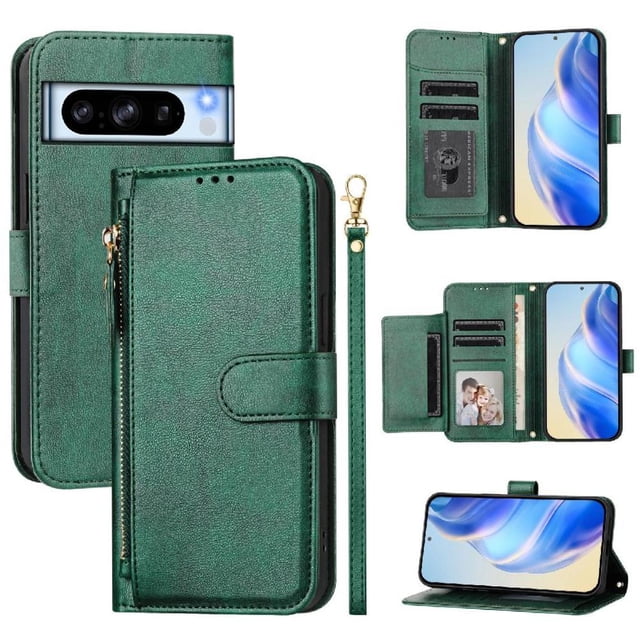 Étui à Rabat pour GOOGLE Pixel 8 Pro avec Poche Zippée, Portefeuille Magnétique à Rabat avec 7 Emplacements pour Cartes et Dragonne