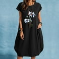 thumbnail image 2 of USSUMA Dress for Women Wedding Guest Short Sleeve Linen Cotton Shift T Shirt Midi Summer Dress Casual Daisy Print Knee Length 2022 Sundresses Beach Round Neck Womens Sun Dresses, 2 of 6