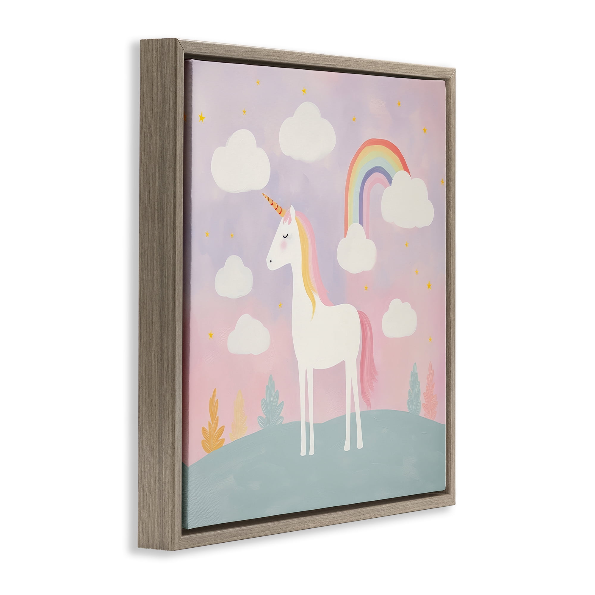 Stupell Industries Mystical Unicorn with Rainbow & Clouds Brown Framed Floater Canvas Wall Art, design by Lazar Studio