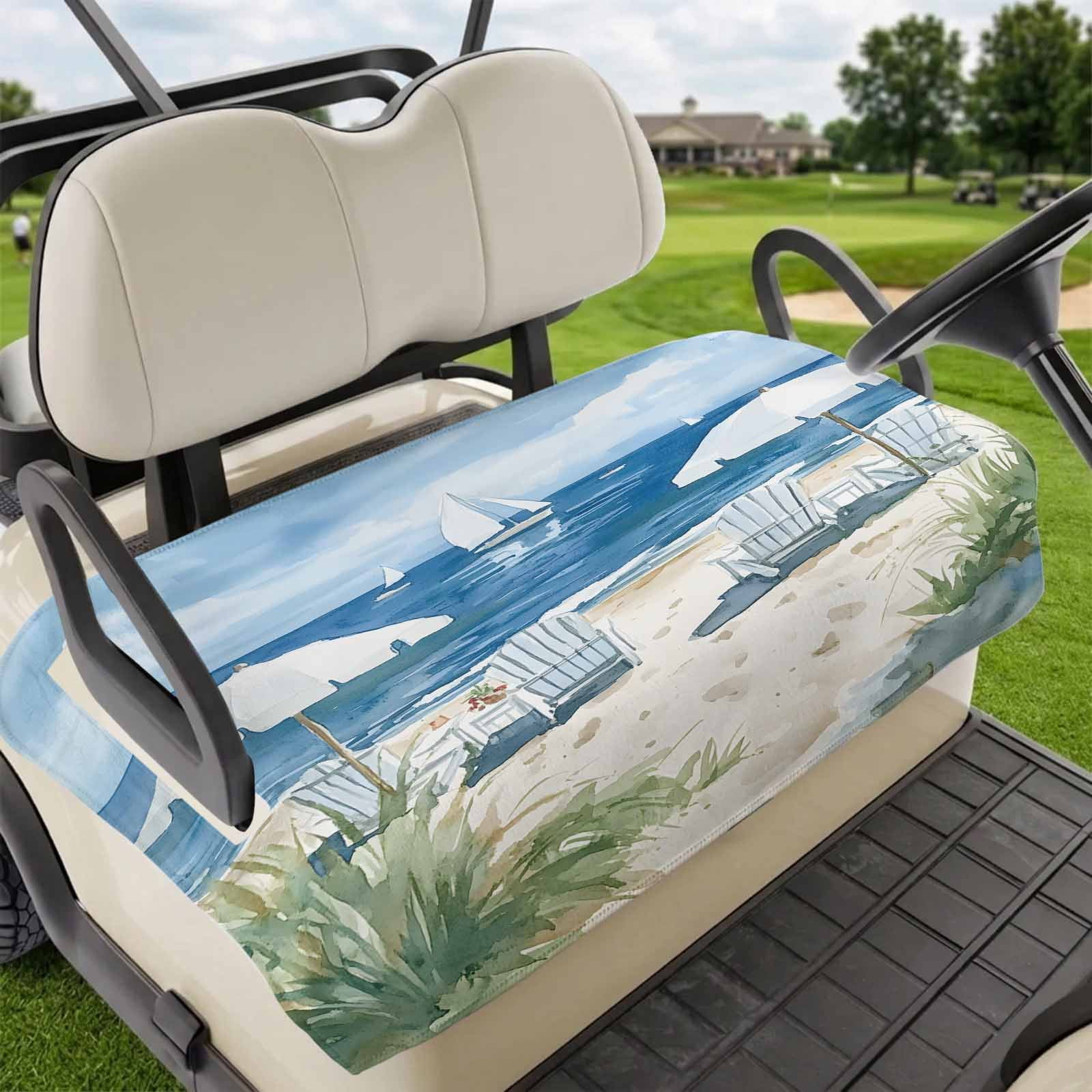 Golf Cart Seat Covers for 2 Seater Nautical Sea Wave Blue Soft Microfiber Cart Seat Towel Blanket Ocean Coastal Beach Plant Absorbent Breathable Non Slip Bench Seats Protector for Golf Course 51 x31
