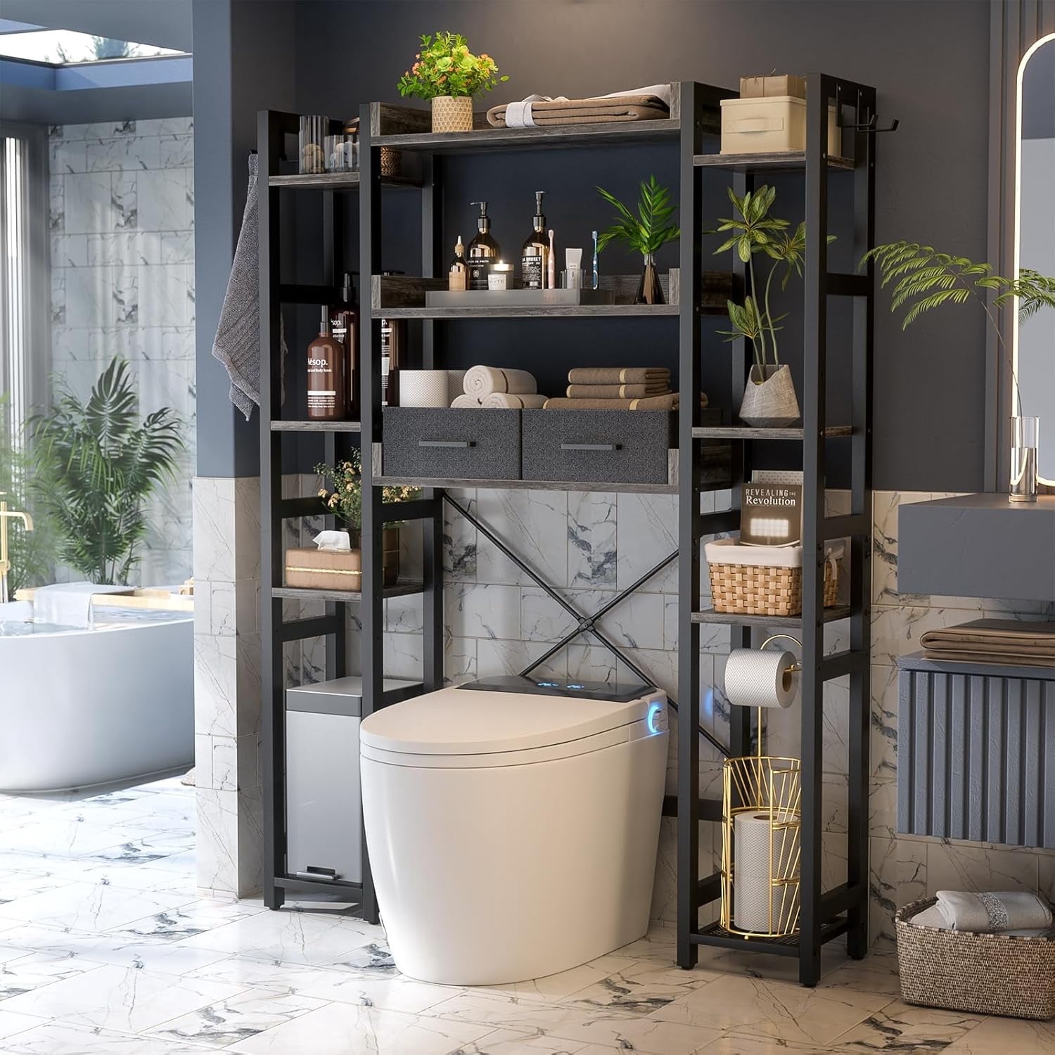 Homieasy Over The Toilet Storage with Drawers, 7-Tier Bathroom Organizer Freestanding Space Saver Storage Rack with 11 Shelves, Above Toilet Stand with 4 Hooks for Restroom, Laundry, Black Oak