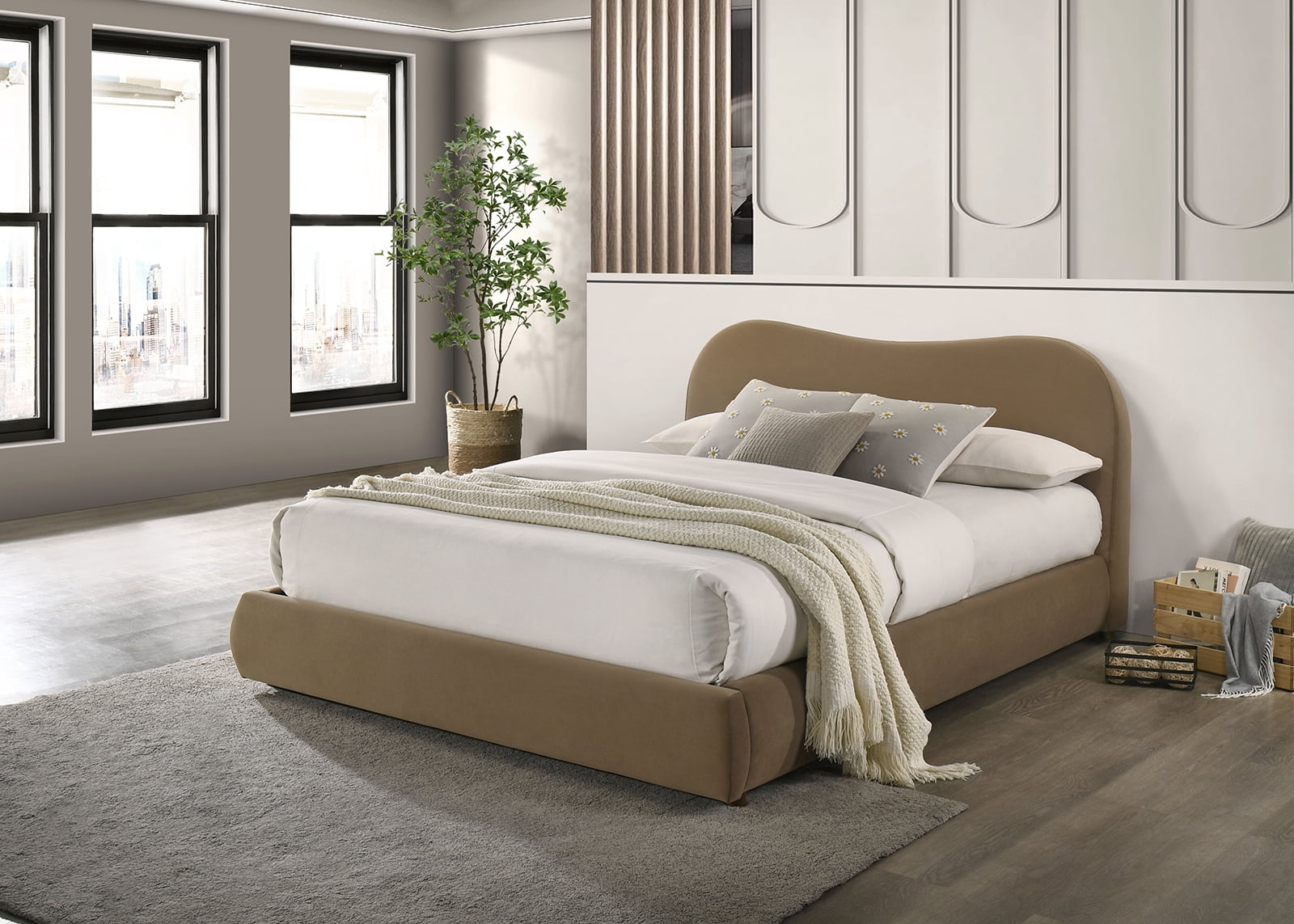 Bed Frame Beautiful 1pc Queen Size Bed Curved Design Velvet Brown Color Upholstered Headboard Storage FB Bedroom Furniture Bedframe
