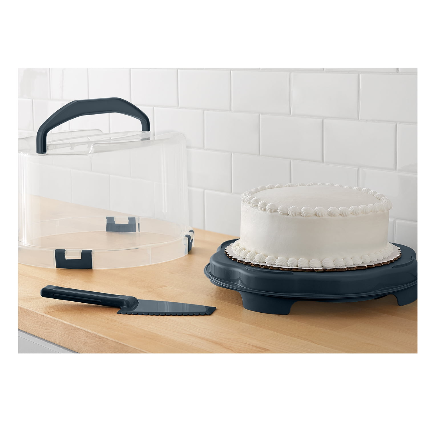 Mainstays Cake and Cupcake Dessert Carrier, Rectangular Design, Clear with  Dark Gray Handle and Clasps, Includes Slice-and-Serve Utensil (1 Each) 18