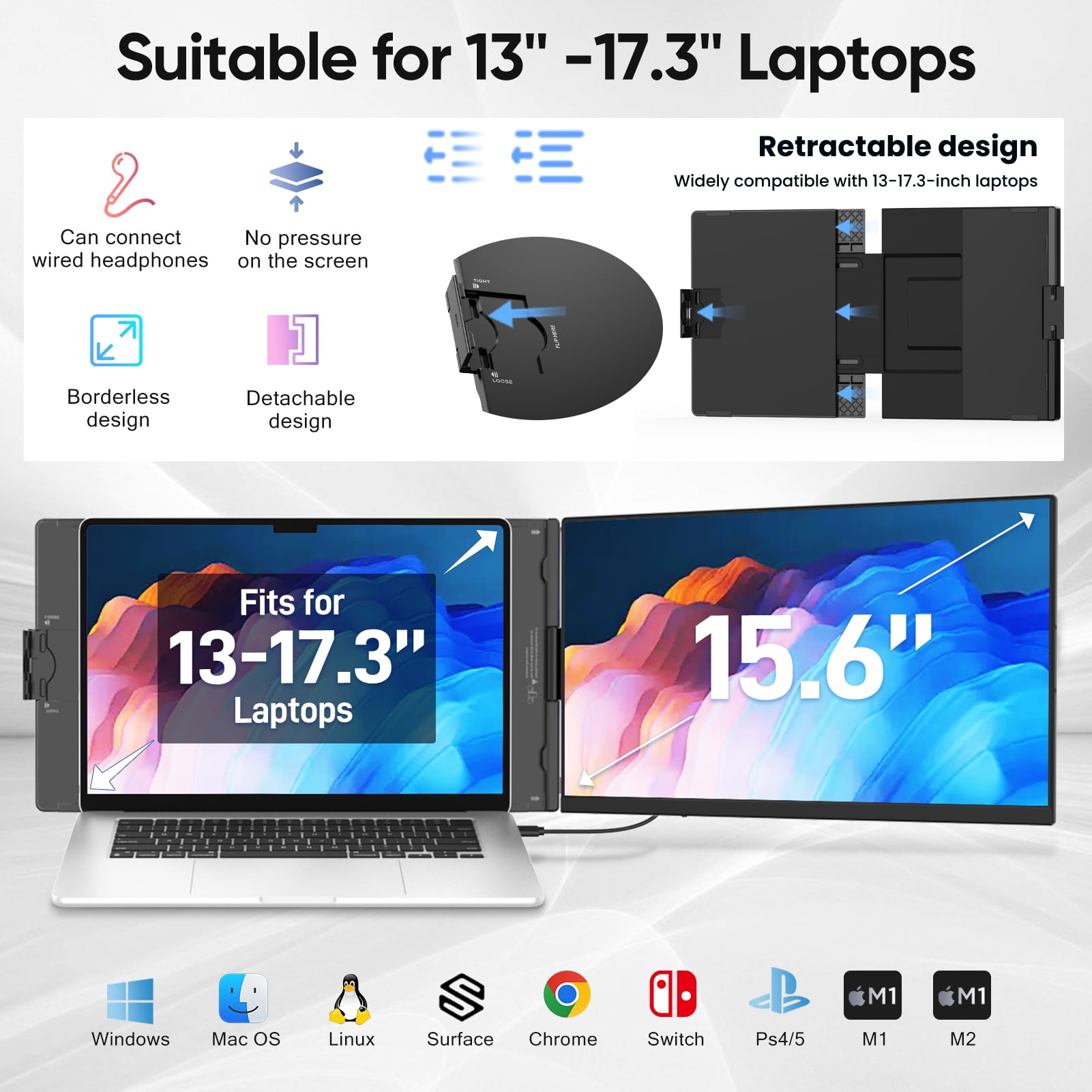Tlscon Laptop Screen Extender - 15.6" FHD 1080P Portable Monitor for Laptop, Detachable & Plug and Play Dual Laptop Monitor Extender for 13"-17.3", Compatible with Wins/Mac/Android/Chrome