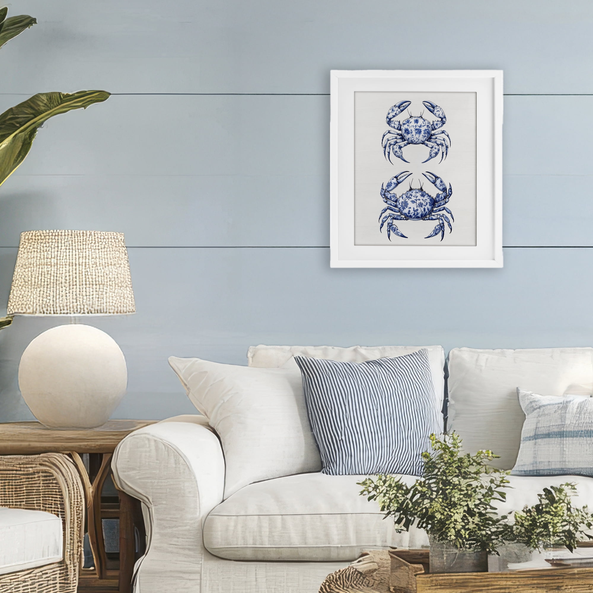 Vintage Toile Crabs White Framed Print Under Glass, design by Lettered and Lined