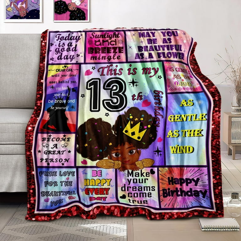 Happy Birthday Blanket For Girls - Purple Throw, 50x40 Inches, 13th Birthday Gift Idea