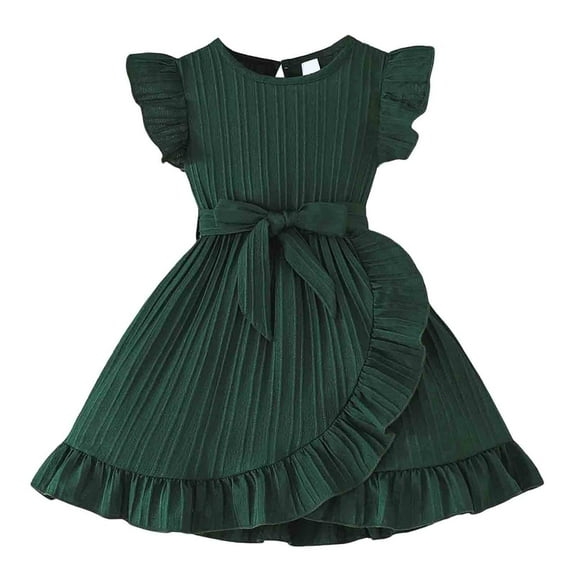 FAOWME Girls Summer Striped Flutter Sleeve Dress With Ruffled Hem & Adjustable Waist Belt Casual Round Neck Beachwear Dark Green 5-6 Years