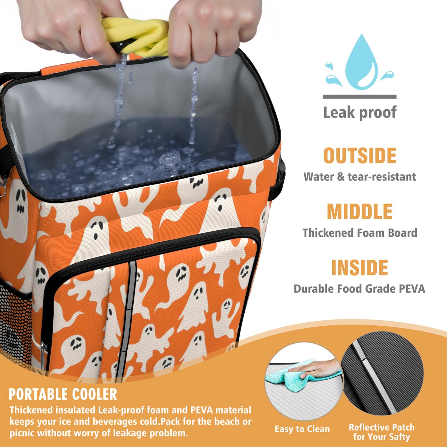 Travel Cooler Bag - Orange Halloween Ghosts Camping Beer Cooler Backpack with Bottle Opener- Waterproof Insulated Picnic Backpacks - Cooler Bag for Beach