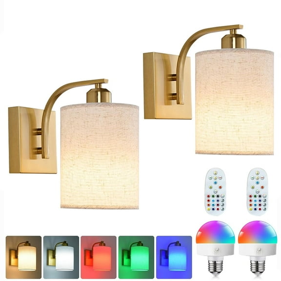 Jercoda 2 pack LED Battery Operated Wall Sconces with Remote Control, Linen Lamp with 15 Lighting Colors, Wireless Golden Lampshade Wall Light with 3 Modes for Bedroom, Living Room, Office, Hallway