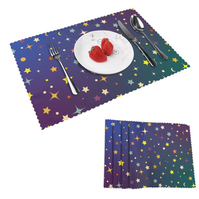 DouZhe Polyester Set de 4 Sets de Table, Coloré Étoiles Lune Ciel Motif Résistant à la Chaleur Place Mats pour Table à Manger, 12 "x 18"