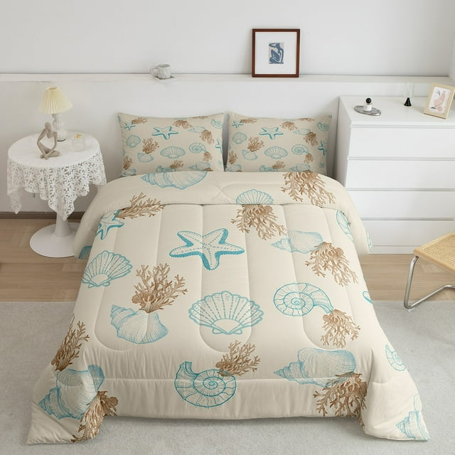 Erosebridal Kawaii Seashell Bedding Full Comforter Set, Wheat Down Comforter, Cartoon Starfish Decor, 3pcs
