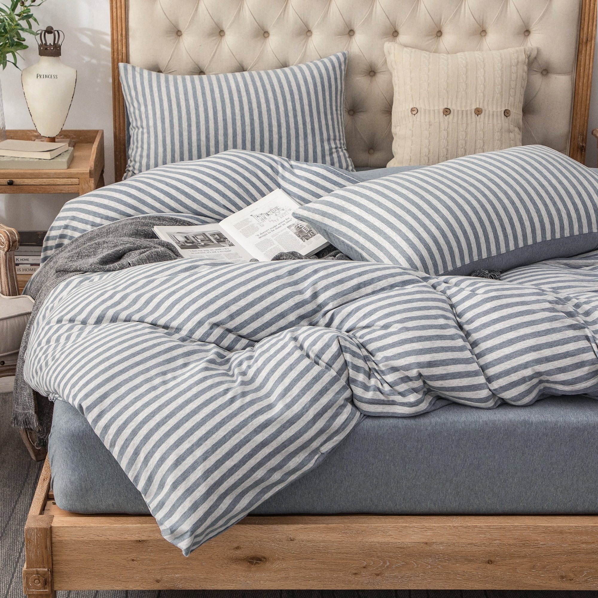 PURE ERA Jersey Knit Duvet Cover Set 100% T-Shirt Heather Cotton Super Soft Striped Design, with Zipper Closure, Blueish Grey Stripe, Queen