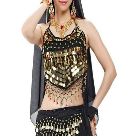 Keyhole Beaded Halter Top - BellyLady Tribal Belly Dance Halter Banadge Bra Top With Pad, For Christmas-Black