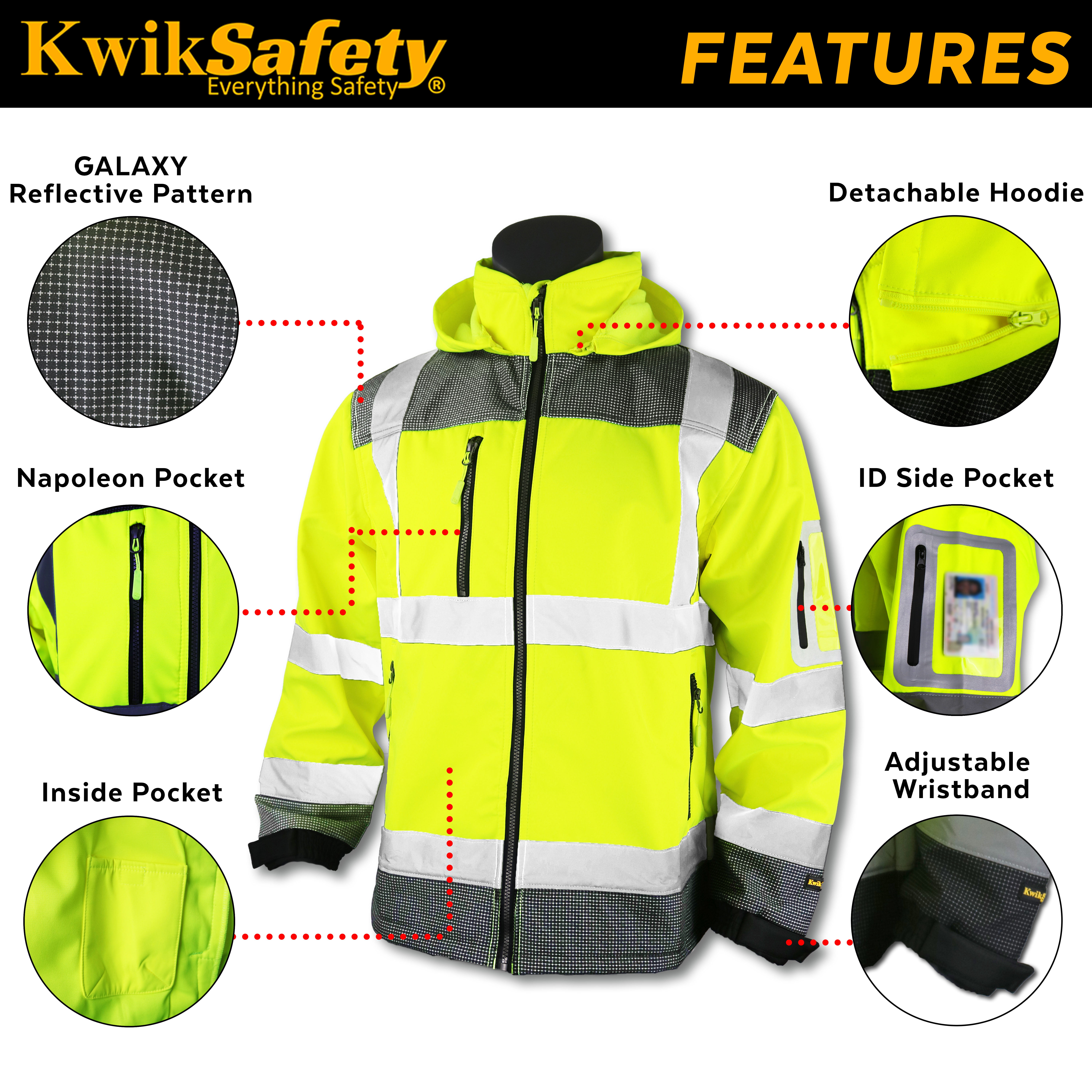 Men Women Yellow X-Large ANSI Water Resistant Lightweight Reflective Hi Vis PPE Detachable Hood| Wind Rain Construction KwikSafety Charlotte, NC GALAXY Class 3 SoftShell Safety Jacket