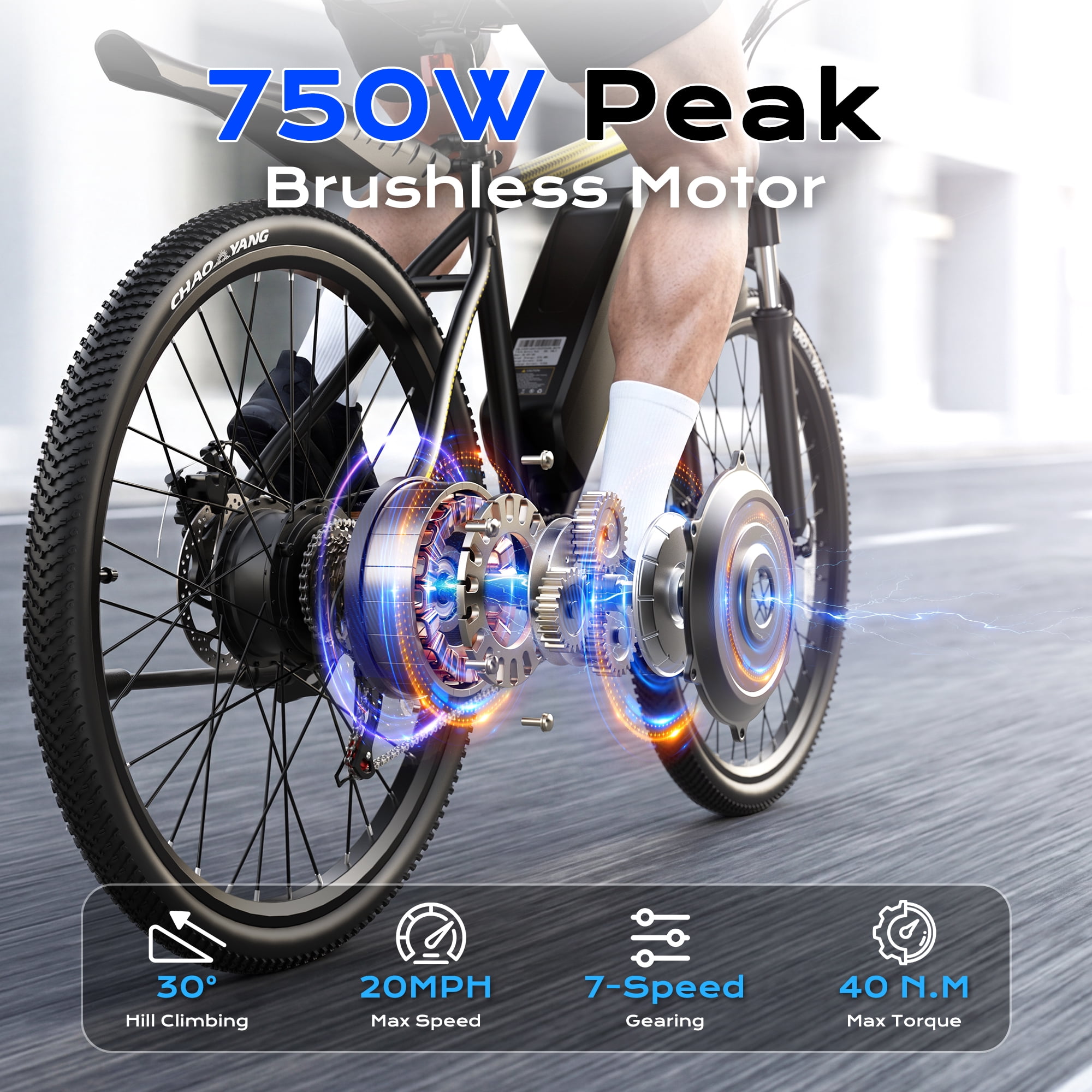VIPDRIVE Electric Bike for Adults 26", 750W Peak Ebike, 48V 7.8AH Removable Battery，Up to 40 Miles 20MPH Electric Mountain Bike，Front Fork Suspension，7-Speed Shimano Gears，UL2849
