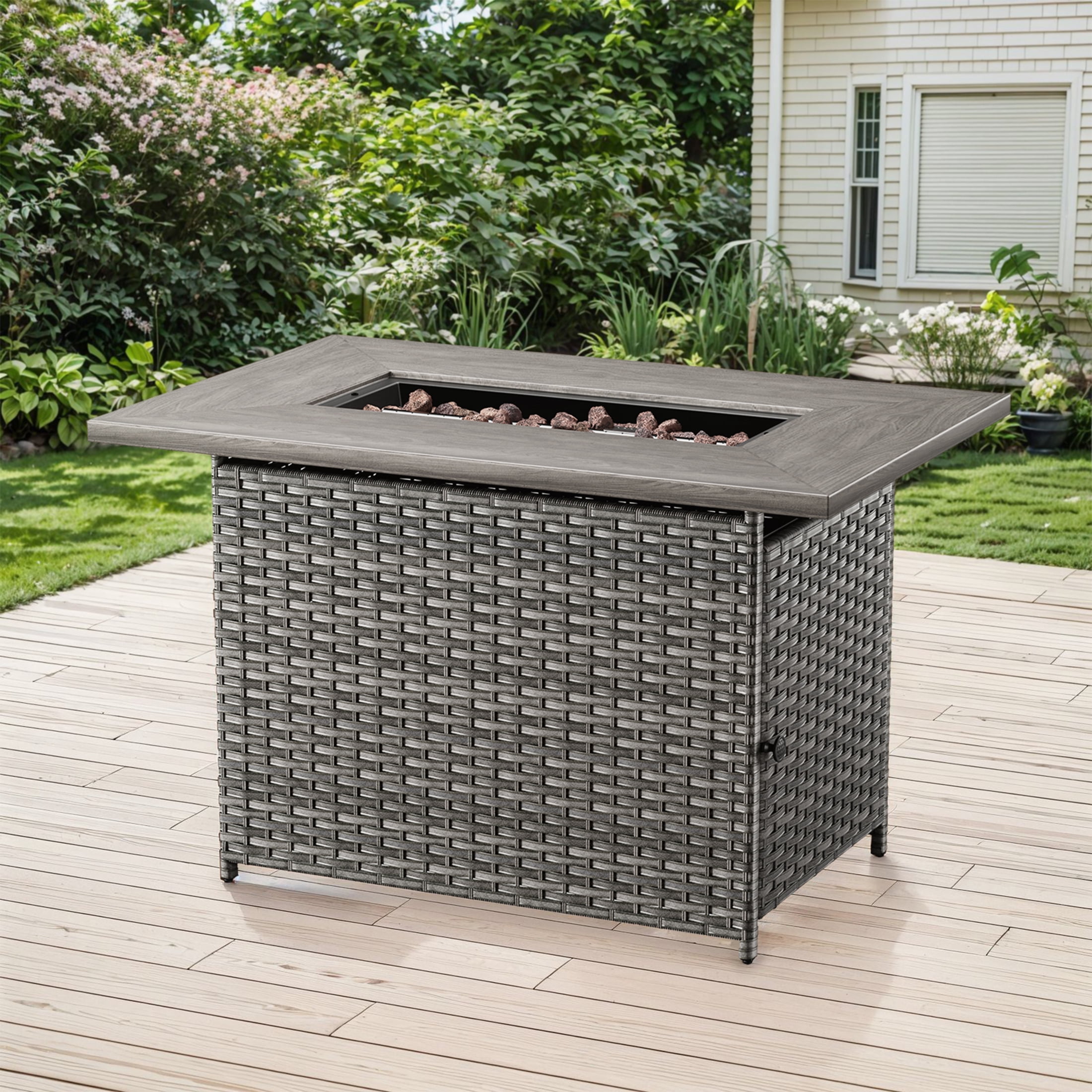 POCASSY 41" Propane Fire Pit Table - 50,000 BTU Metal Fire Pit with Removable Lid, Metal Table Top, for Porch Deck Garden, Gray