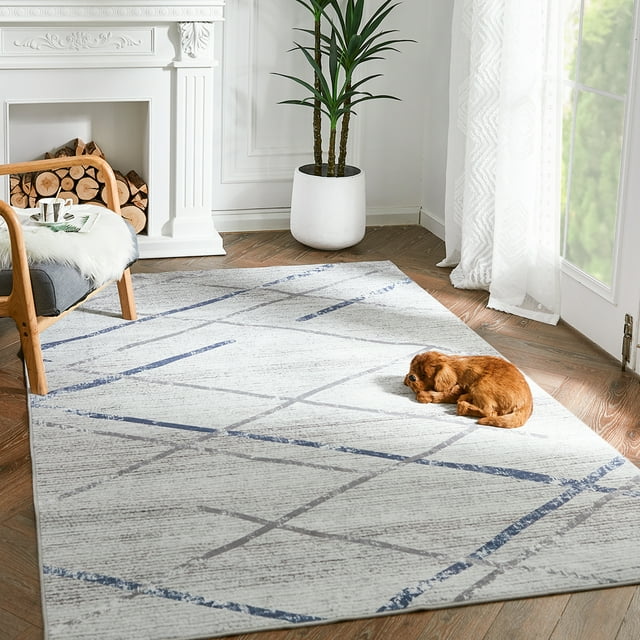 Rugking Area Rug 4X6 for Living Room Moroccan Rug Blue Grey Thin Rug Modern Geometric Accent Rug Soft Mat Indoor Non Slip Carpet for Kitchen Dining Room