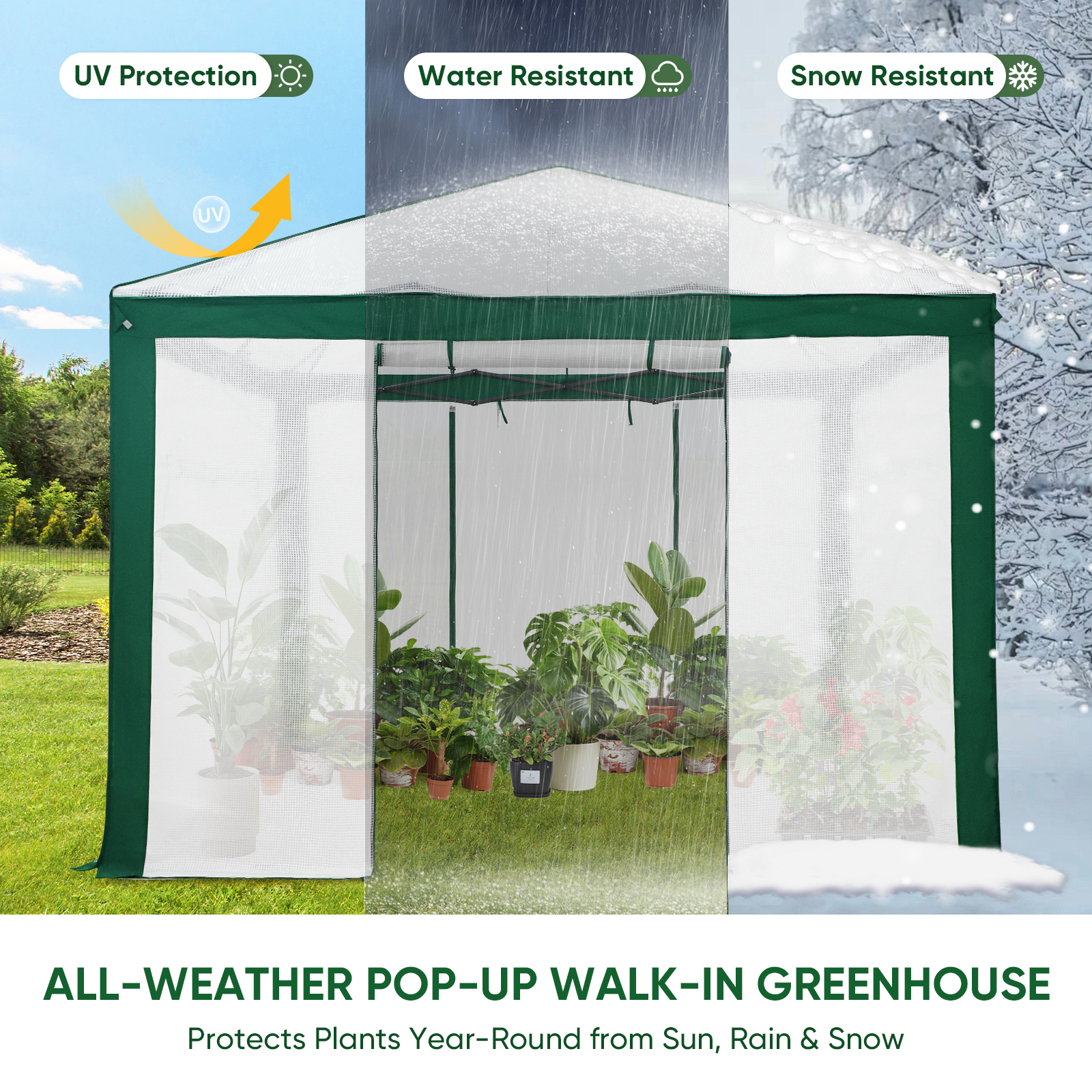 EAGLE PEAK 10x10 Portable Walk in Greenhouse , Heavy Duty Instant Pop Up Green House, Front Roll Up Zipper Entry Door and Mesh Windows, Green/White