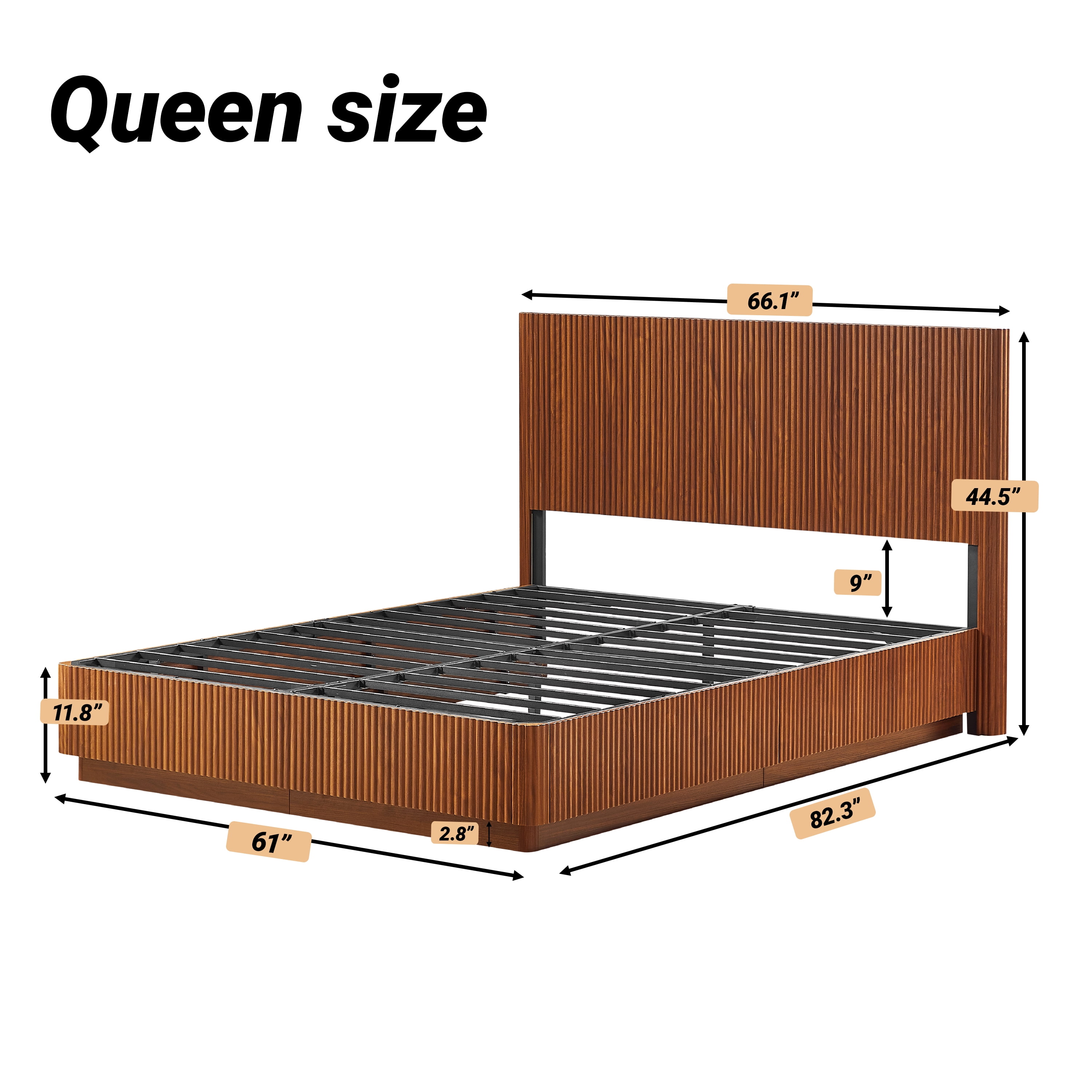 Queen Size Bed Frame with LED Lights, Modern Wooden Corrugated Curved Lines, Convex Groove Board Design
