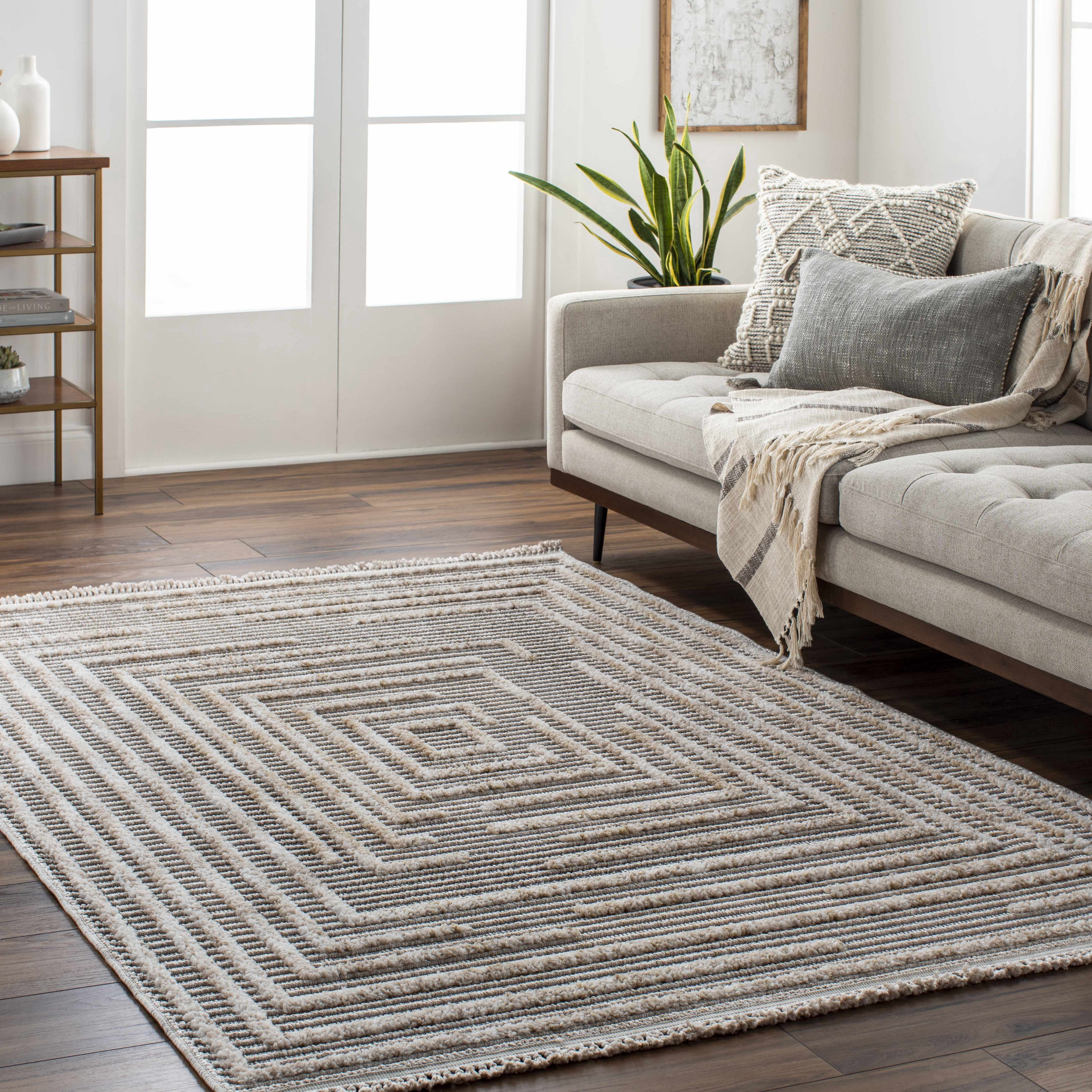 BoutiqueRugs Lunao Farmhouse High Low Textured Shag Oversized Area Rug - Modern Geometric Carpet for Living Room, Bedroom - Charcoal, Cream, Peach - 8'10" x 12' (9x12)
