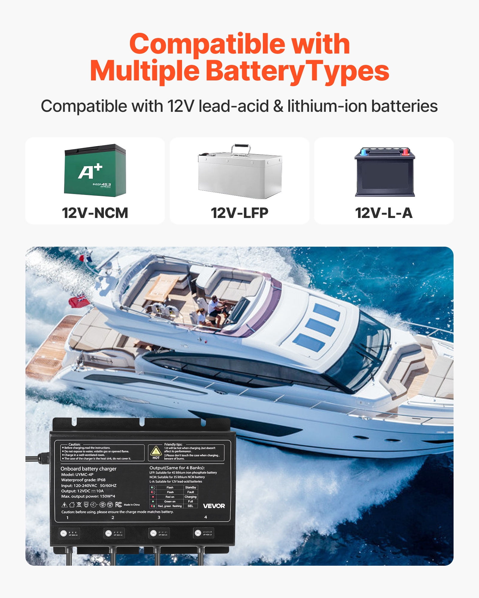 VEVOR Marine Battery Charger, 4-Bank, 10A 12V Onboard Boat Charger, IP68 Waterproof Smart On-Board Battery Charger, for Lithium-Ion (LiFePO4), NCM, Lead-Acid Batteries, Large Boat,Yacht,RV,Trailer