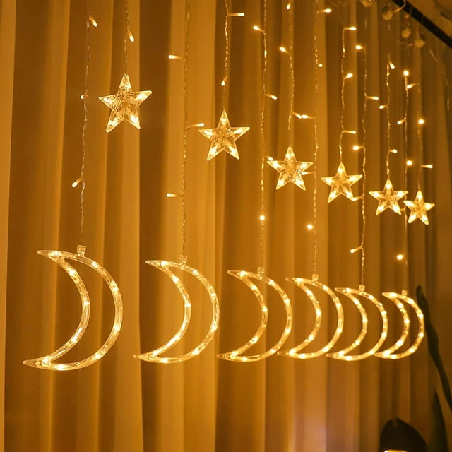 Led Curtain Lights Moon Star Light String 6.6ft Window Decoration 8 Modes Remote Control USB Power Warm White (Big Crescent)