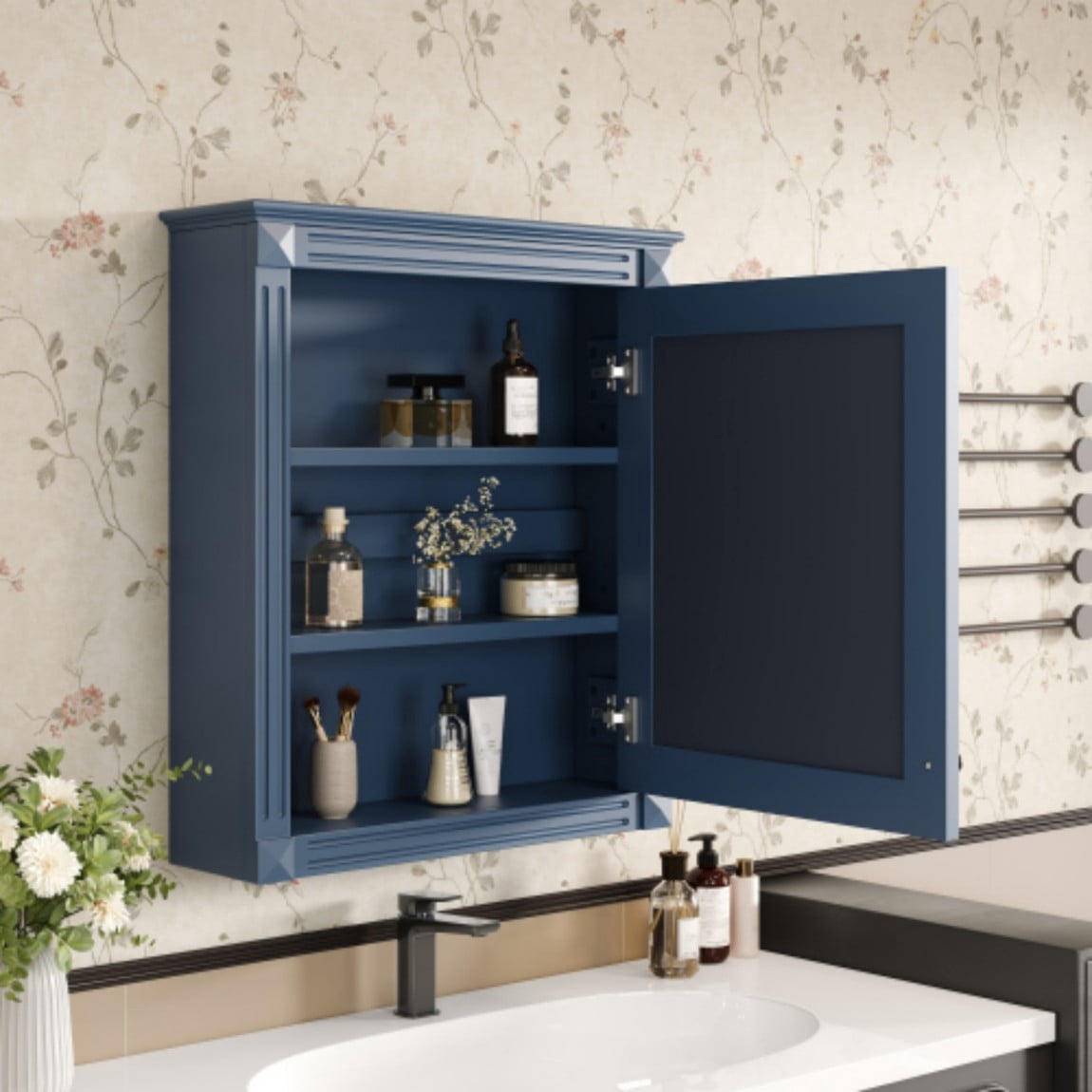 24"x 27" Wall Mounted Bathroom Medicine Cabinet with Mirror, Adjustable Shelves, Over the Toilet Storage Cabinet, MDF Bathroom Wall Cabinet, Blue