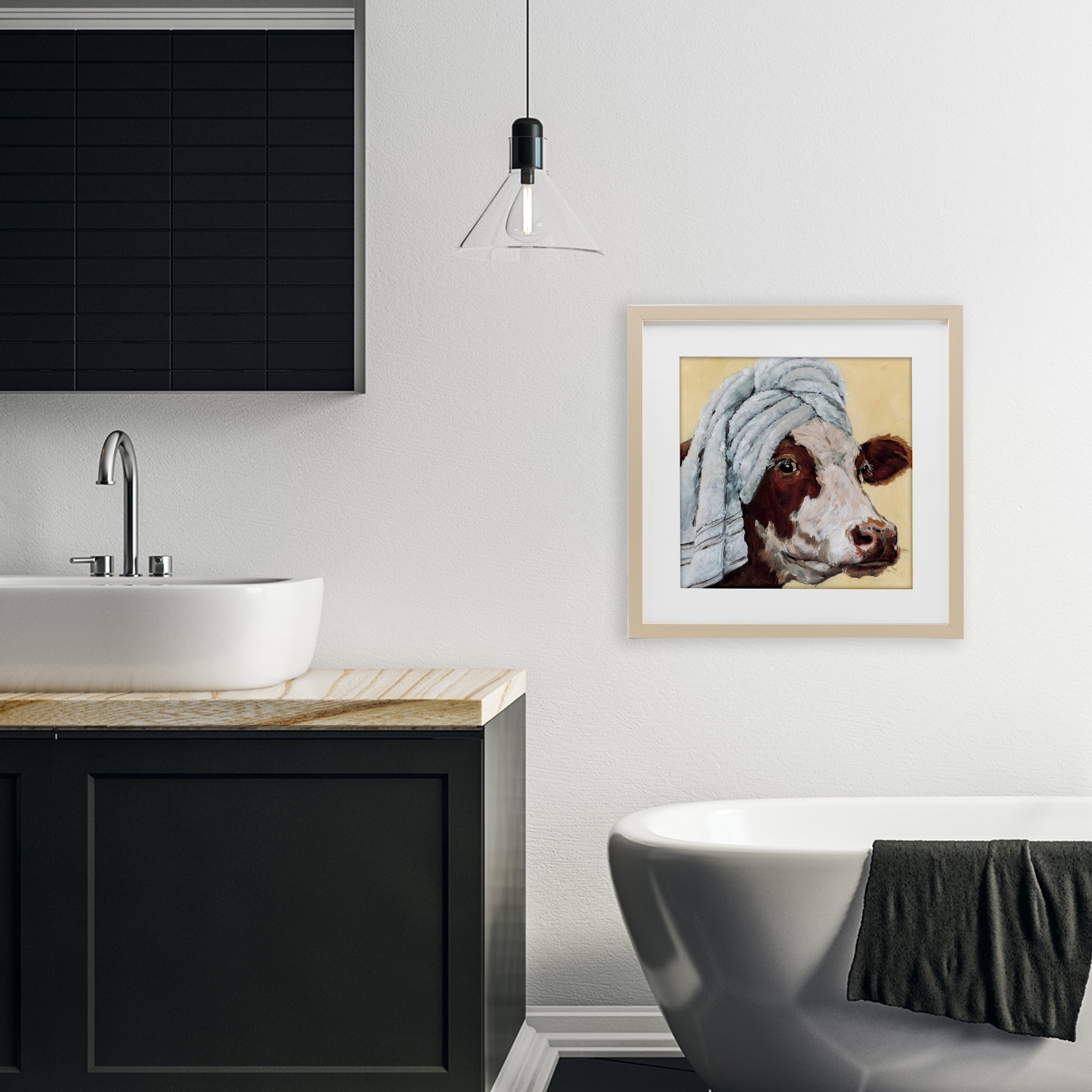 Stupell Industries Cow Spa with Towel Birch Framed Print Under Glass, design by Studio Bautista