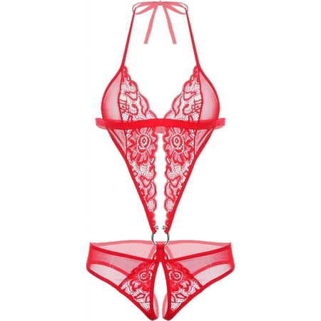Women Deep V Lace Teddy One Piece Babydoll Mini Bodysuit