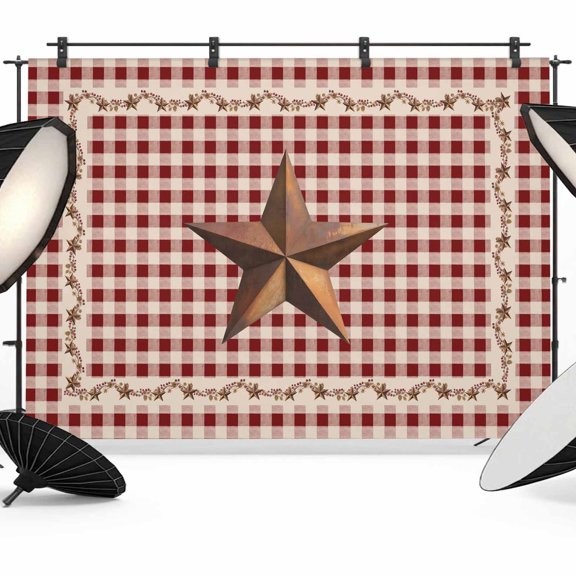Brown Western Texas Star Vintage Backdrop for Photography,Fabric Photo Background Backdrop,Rustic Farmhouse Red Plaid Photo Booth Background for Portrait Photoshoot Video Wedding Studio Banner 7x5ft