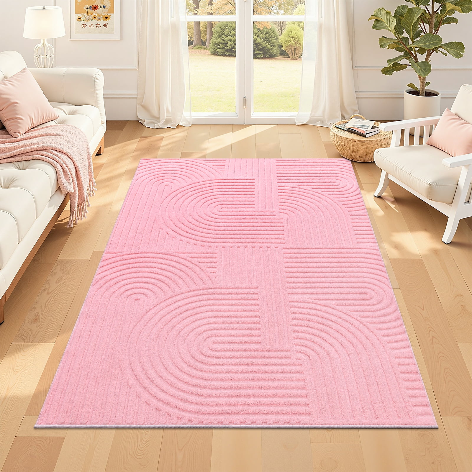 5' x 7' Geometric Pink Area Rug Washable, Durable Non-Slip Indoor Carpet with Soft High-Low Pile, Fluffy Floor Rugs for Living Room, Bedroom, Home Office Décor