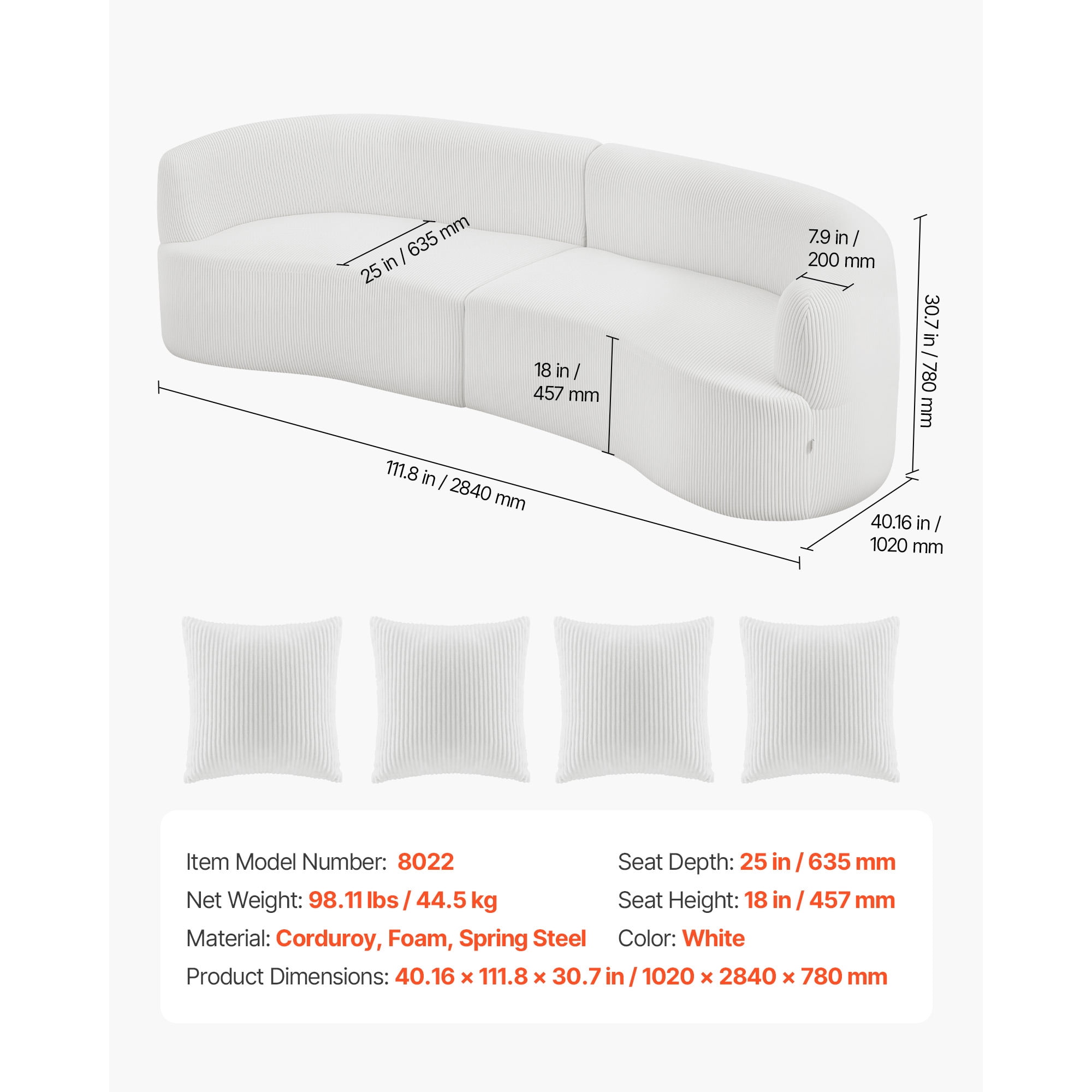 KFFKFF Luxury Modern Cloud-Inspired Plush Sectional Sofa, 112" Curved Modular Couch with 4 Pillows - Oversized Deep Seat Corduroy Upholstery for Living Room, Apartment, Office, Ready to Use, White
