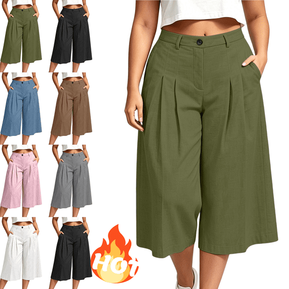 Mifsaly Plus Size Cropped Linen Pants Women Pleated Front High Waist Capris Lightweight Flowy Everyday Casual Work Office Bottoms with Pockets Army Green,XXXXL