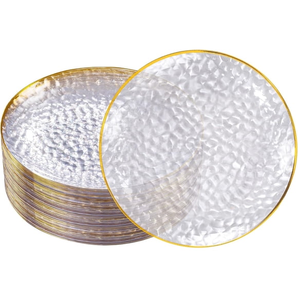 DaYammi 60 Pcs Clear Plastic Dessert Plates, Hammered Party Plates, Disposable Heavy Duty Salad/Dessert Platos, Gold Plastic Appetizer Platos Disposable For All Occasions