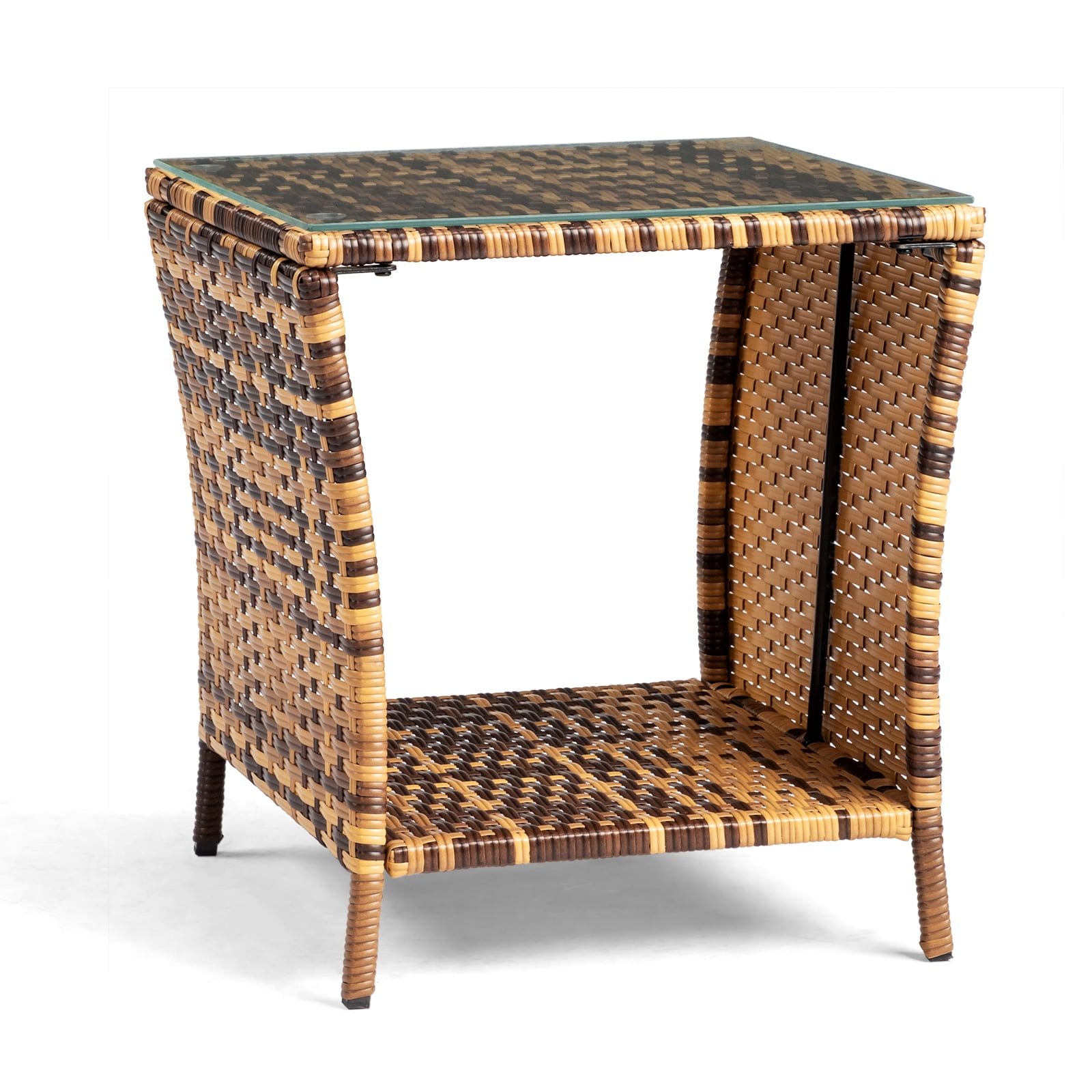 Yellow Gradient Rattan Side Table, Tempered Glass Top End Table with Iron Frame, Single Layer PE Cane Accent Table Easy Assembly for Living Room Bedroom Office Bathroom