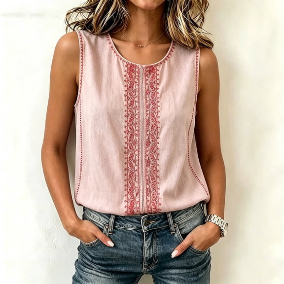 Womens Linen Embroidered Tank Tops Casual Sleeveless Crew Neck Blouse Vintage Boho Loose Summer Beach Casual Shirts