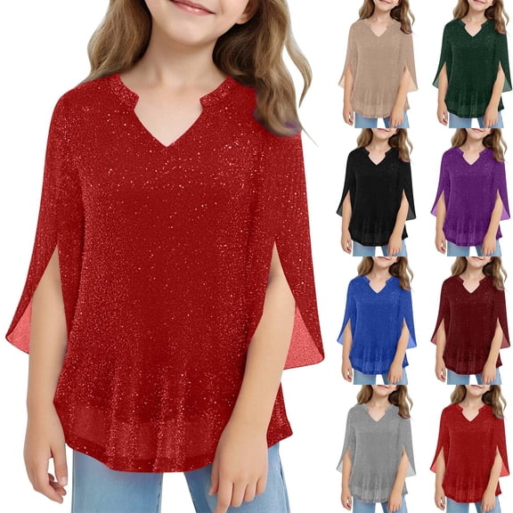 jobturf Shirts for Girls Summer Sparkly Ruffle 3/4 Length Sleeve Party Tops Dressy Casual V Neck Side Slit Blouses Size 3-14 Years