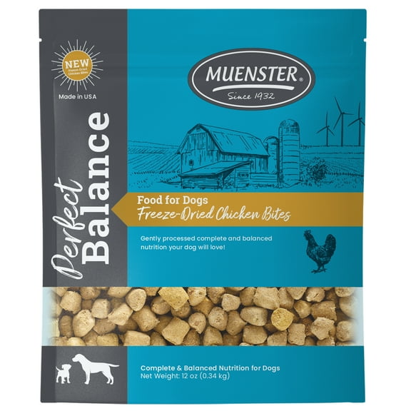 Muenster Perfect Balance Chicken Bites Freeze-Dried Dog Food, for All Life Stages, use as a Meal, Meal Topper or Training Treat, 12 oz Pouch
