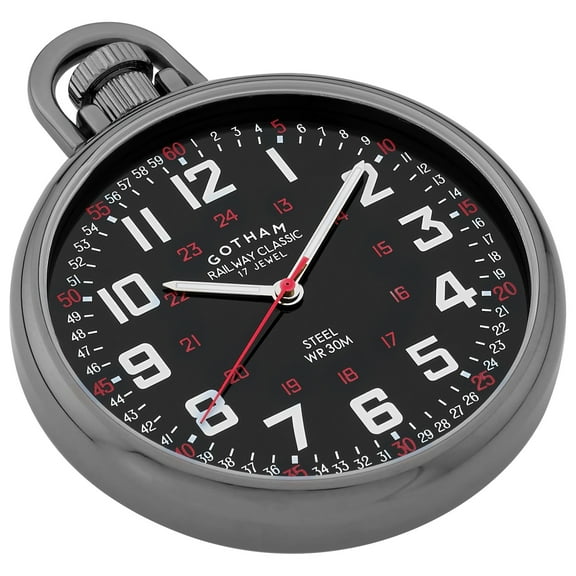 Gotham Men's Stainless Steel Gun-Plated Mechanical Hand Wind Railroad Style Pocket Watch,GWC14106BBK