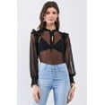 thumbnail image 4 of Black Sheer Mesh Polka Dot Frill Trim Long Sleeve Bodysuit S, 4 of 6