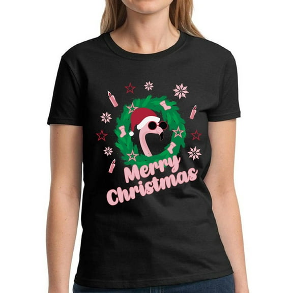Christmas T Shirt for Ladies Merry Christmas Flamingo - S M L XL 2XL 3XL Xmas Graphic Tee - Christmas Gift Holiday Xmas Tee T-Shirt Her Women