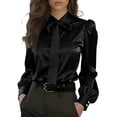 thumbnail image 2 of Dresfit Women's Polo Shirt Collared Dress Shirts with Bow Tie 2026 Long Sleeve Satin Elegant Silk Blouses Spring Lightweight Loose Office Tops Black L, 2 of 4