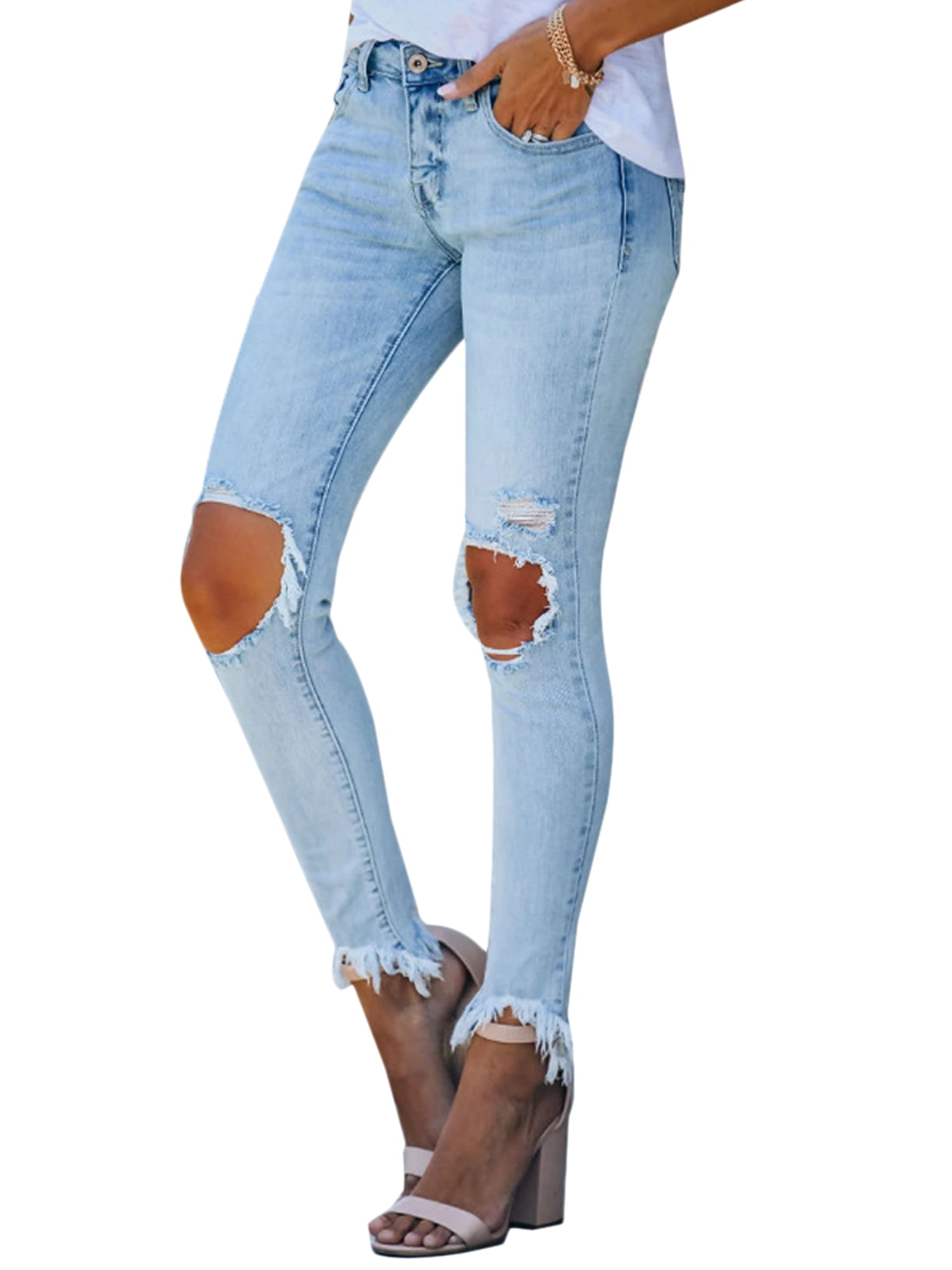 Color : Blue, Size : XXL LingGT Womens Ripped Hole Skinny Pencil Denim Stretch Slim Fitness Jeans